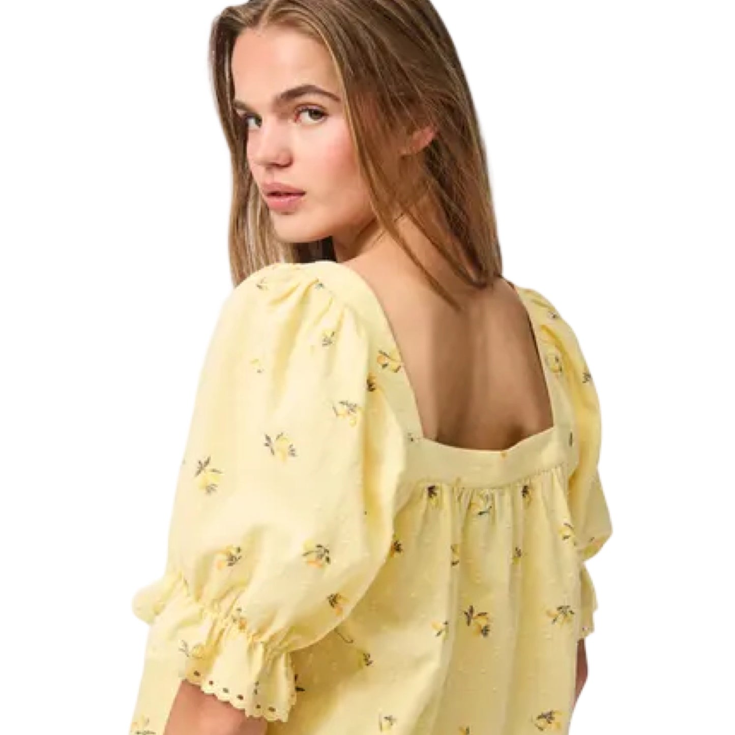 Pieces - Pcthea 3/4 sqaure neck top wvn D2D pp - pale banana Lemons - Merle og Wilde ApS