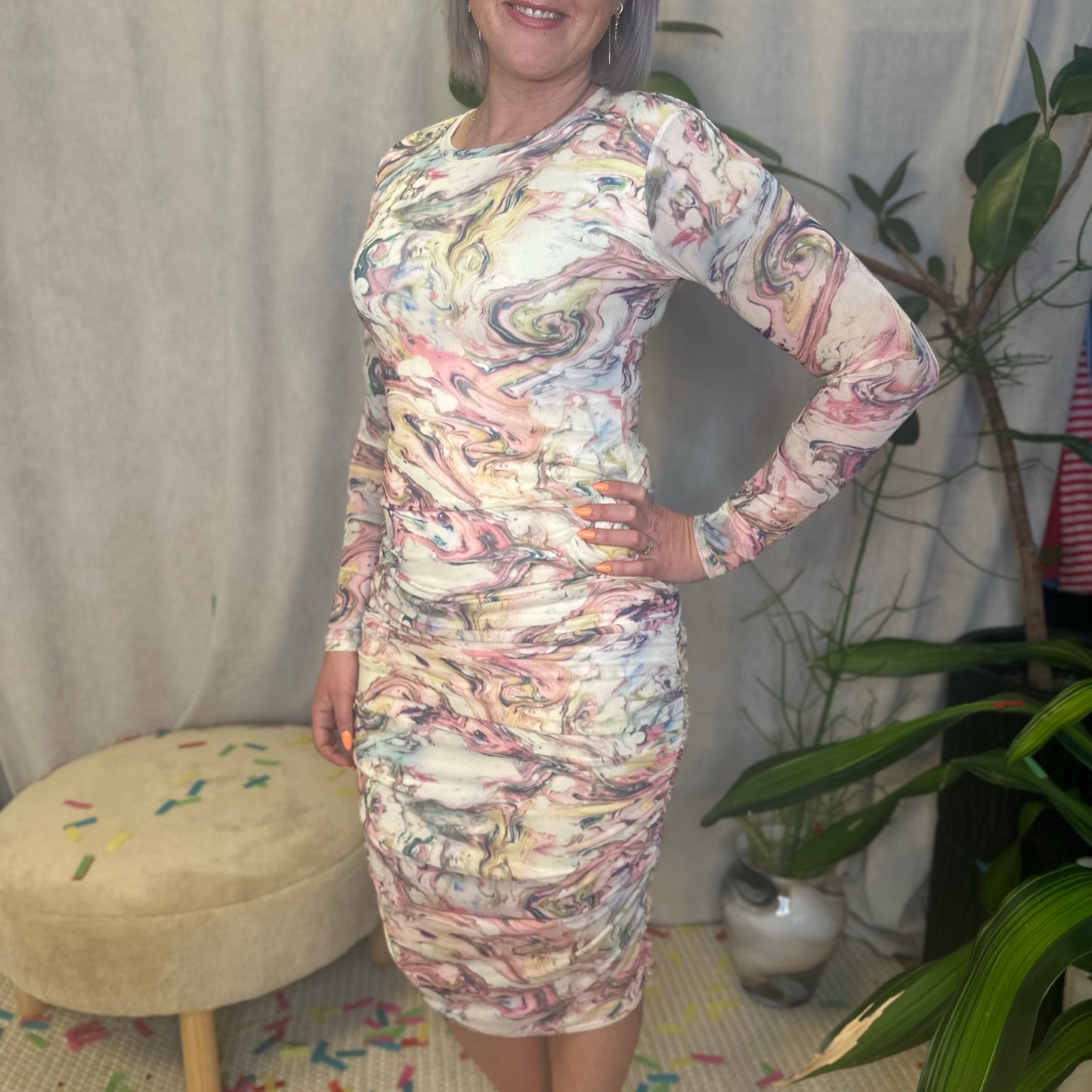 Preorder Maj - Liberte - Mesh - Ls - long - Dress - Multi marble - Merle og Wilde ApS