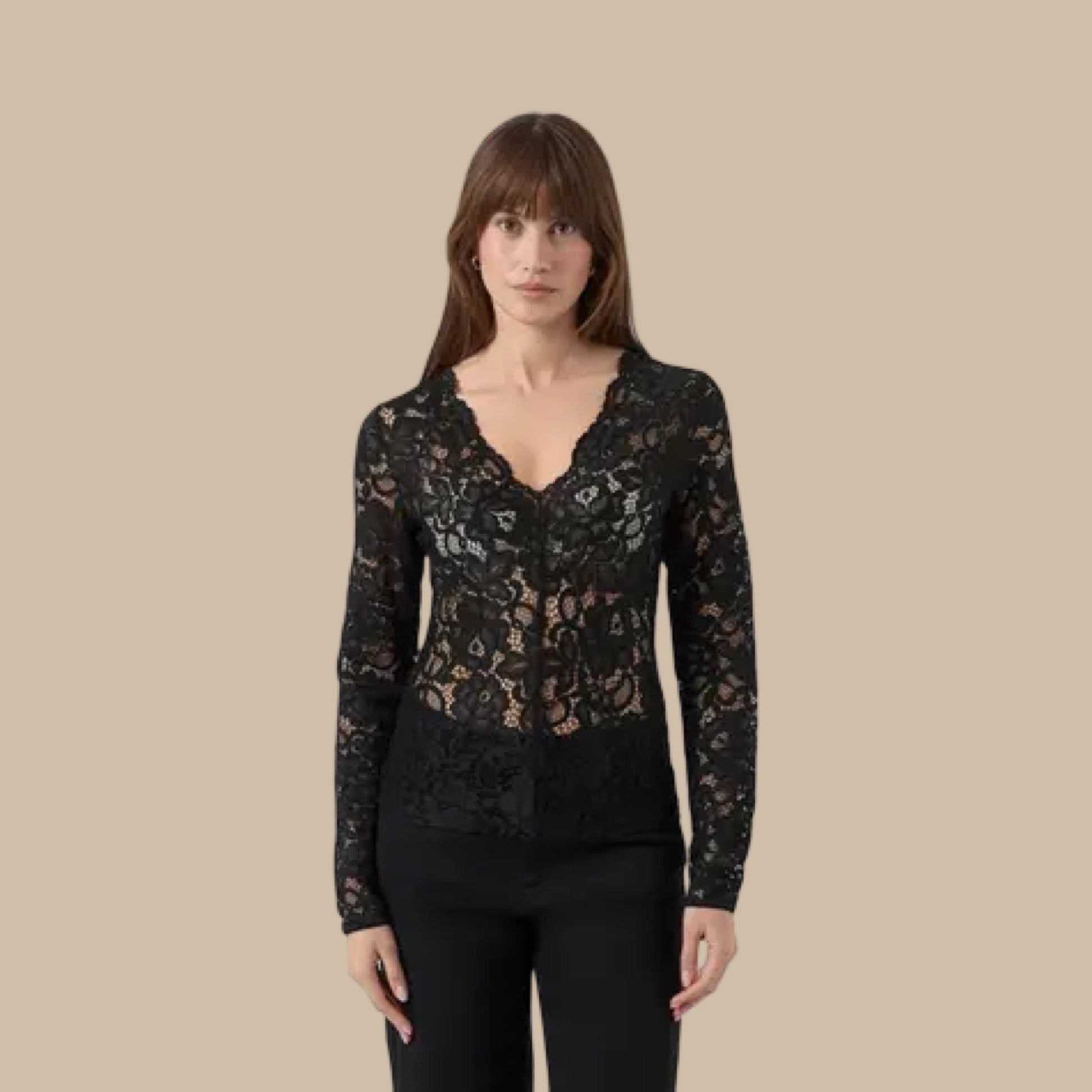 YAS - Yaslacey LS v - neck lace top s. Noos - Black - Merle og Wilde ApS