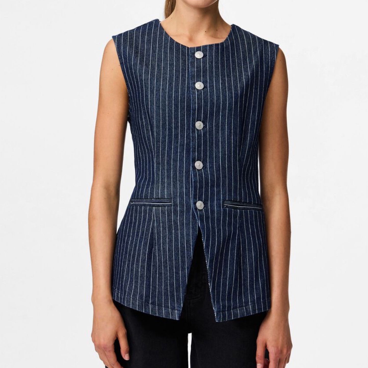 Pieces - PCrose Long denim vest - Dark Blue denim pinstripe - Merle og Wilde ApS