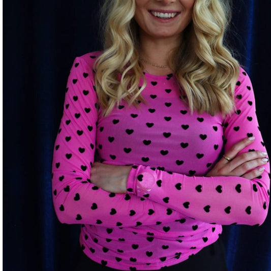 Liberte - Mesh LS T-shirt - Pink Black Flock Heart - Merle og Wilde ApS