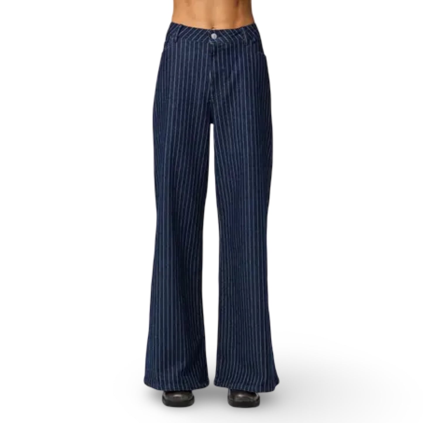 Pieces - Pcrose MW Wide denim jeans - Dark Blue denim pinstripe - Merle og Wilde ApS