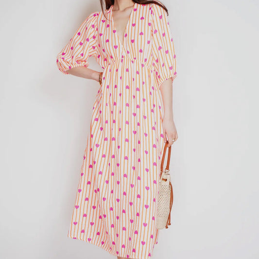 Noeline - Bomuldgaze kjole med hjerte print - Neon organge / pink hjerter - Merle og Wilde ApS