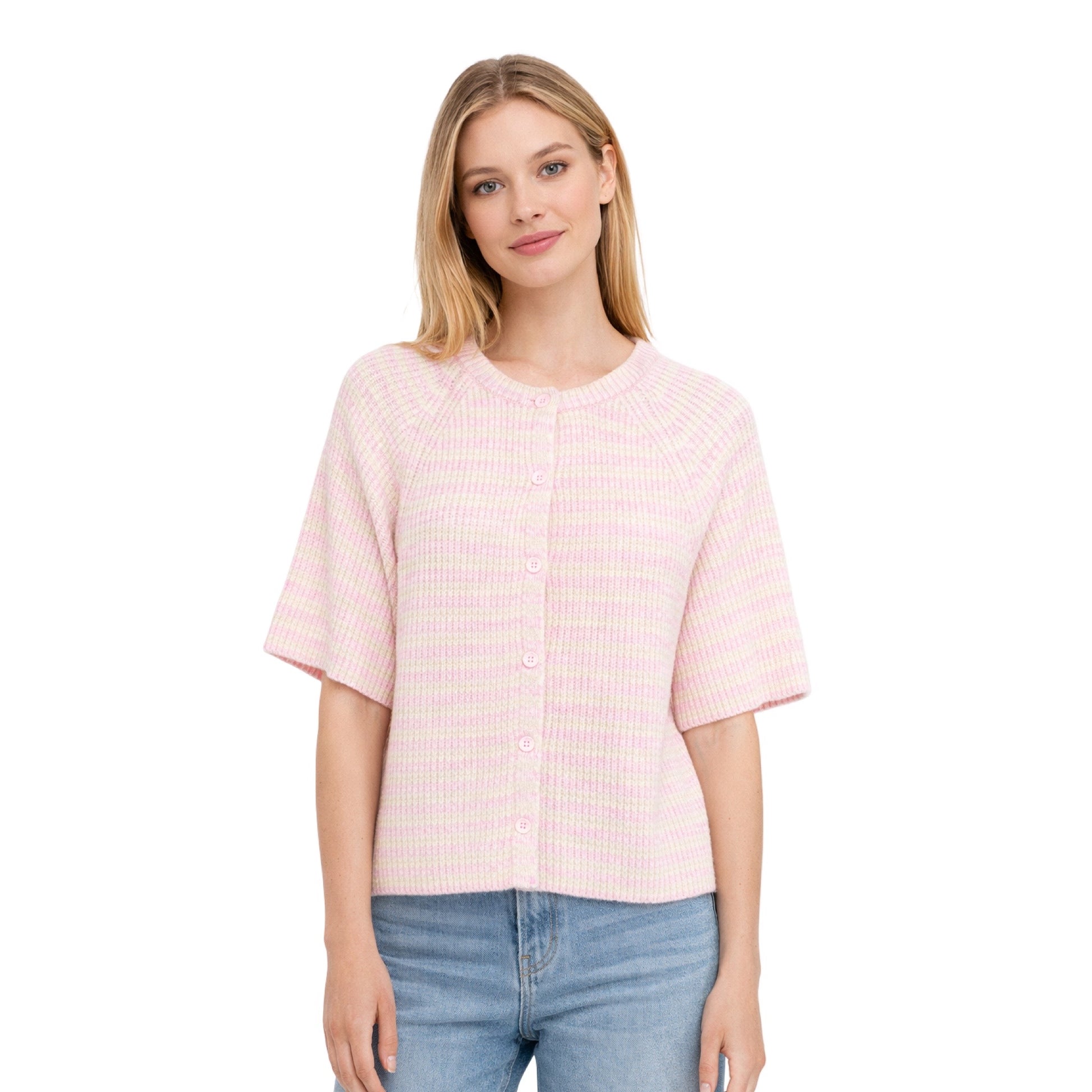 Pieces - PCMALOU SS O - NECK STRIPE CARDIGAN PWP BC - Yellow/rose - Merle og Wilde ApS