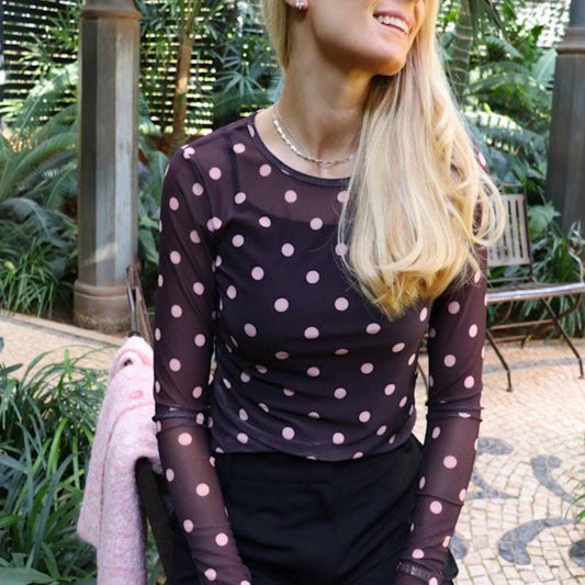 Liberte - Mesh LS Tshirt - Plum Rose Big dot - Merle og Wilde ApS