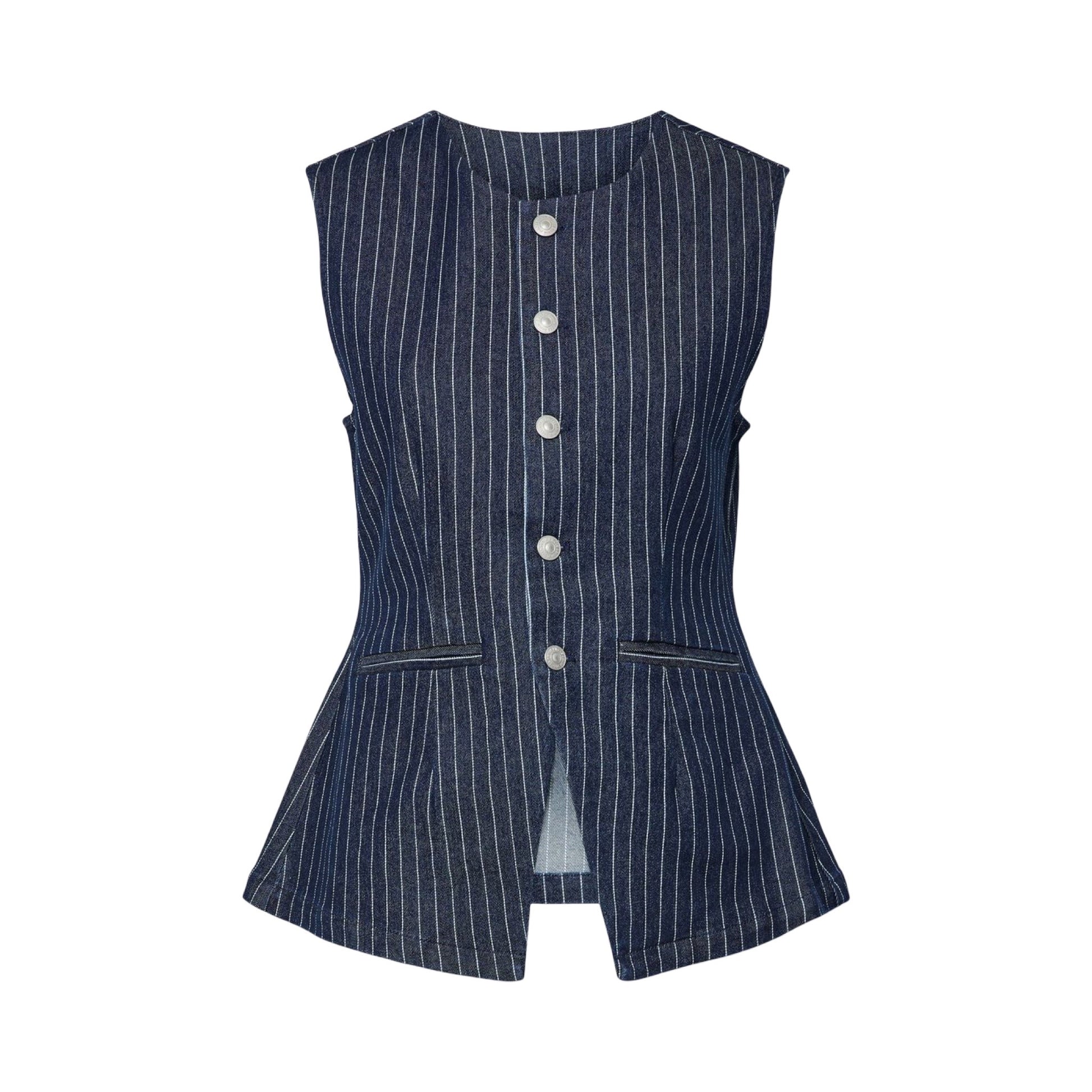 Pieces - PCrose Long denim vest - Dark Blue denim pinstripe - Merle og Wilde ApS