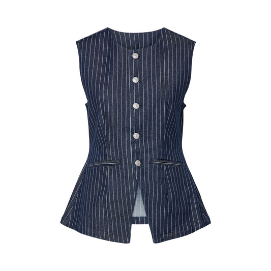 Pieces - PCrose Long denim vest - Dark Blue denim pinstripe - Merle og Wilde ApS