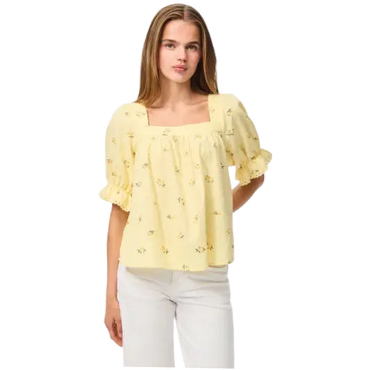 Pieces - Pcthea 3/4 sqaure neck top wvn D2D pp - pale banana Lemons - Merle og Wilde ApS