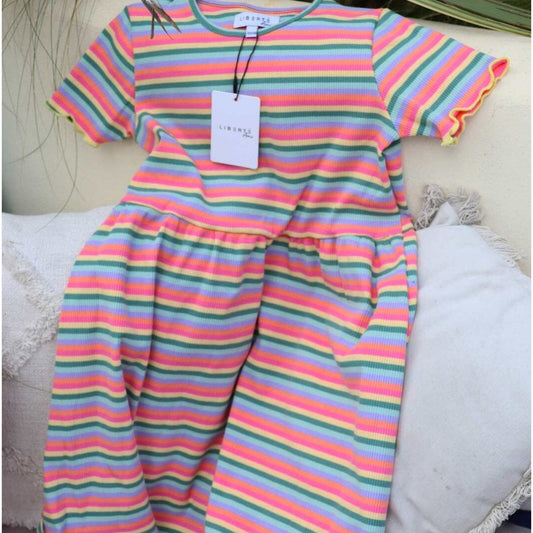 Preorder maj - Liberte - Natalia - ss - dress - kids - Multi orange pink stripe - Merle og Wilde ApS