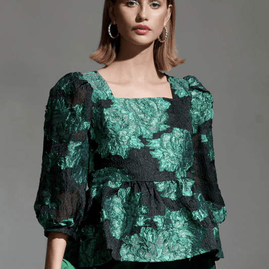 Noella - Taylor Flounce Blouse - Green Mix